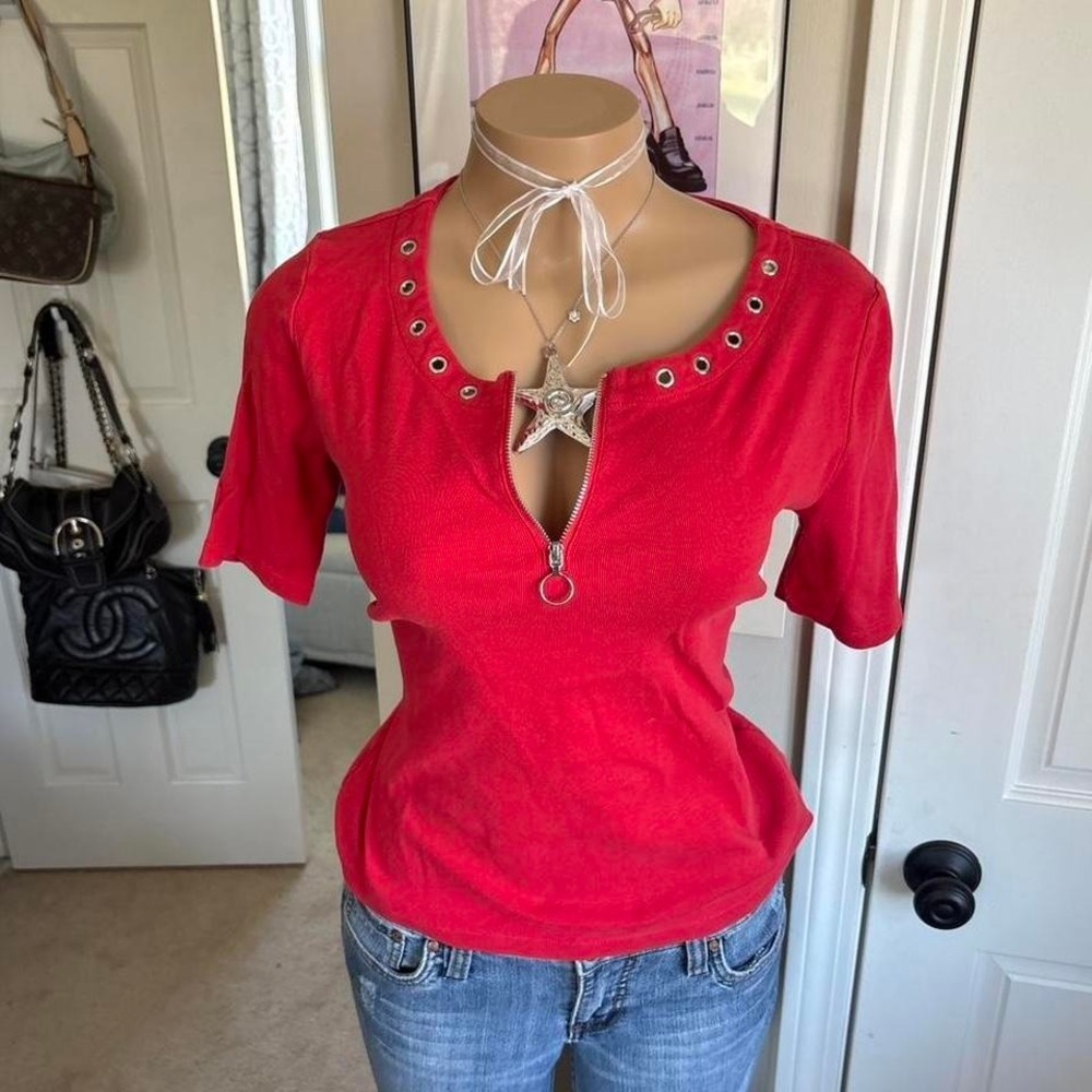 y2k 2000s romantic red zip up eyelet cutout top